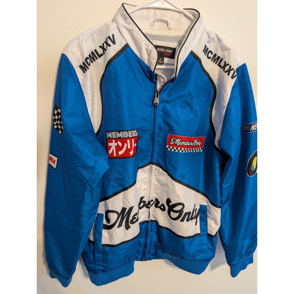 Members Only Sport Racing Windbreaker Jacket Blue White Graphic Mens Small